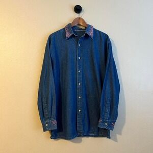 Vintage Denim Button Up Top Pink Rhinestone Collar Oversized Layering